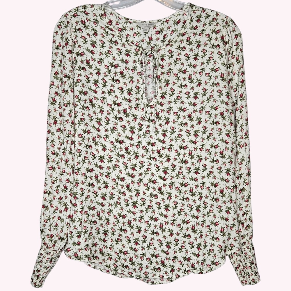 Lucky Brand Floral Peasant Blouseโ M Tie Long Sleeve Smocked Boho Cottagecore